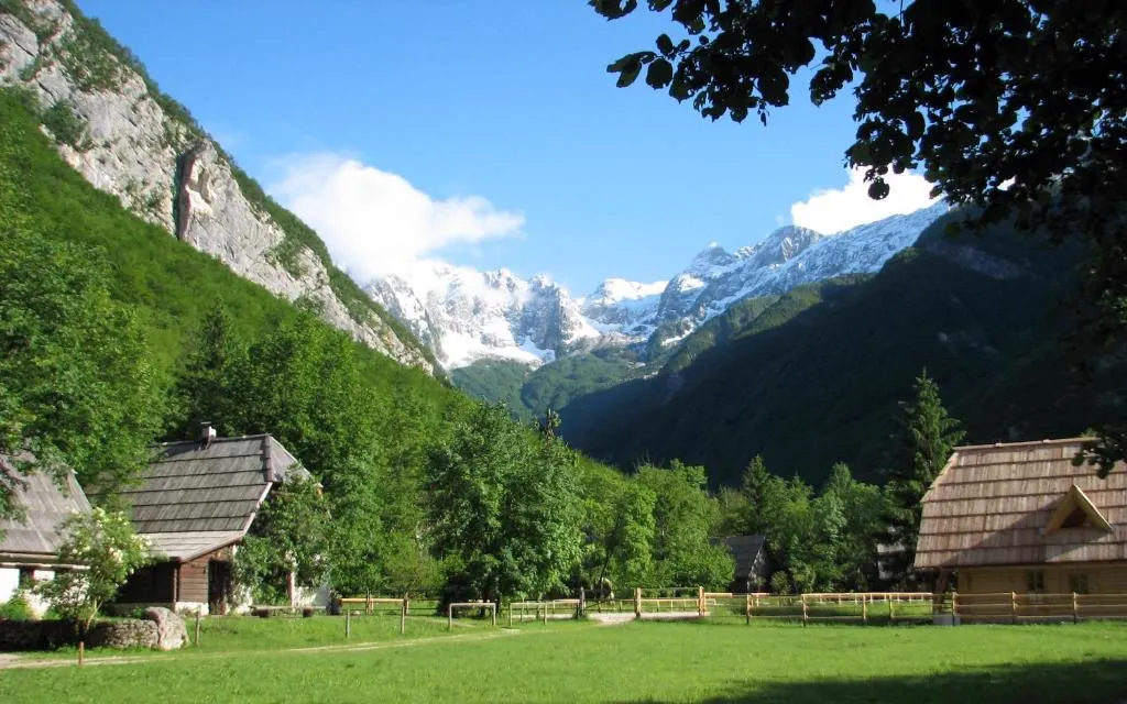 Zasneženi vrhovi nad zeleno dolino Lepene